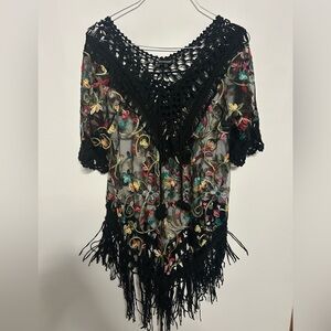 Kohinoor Black Crochet Poncho with Floral Embroidery